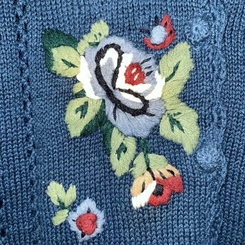 Capacity Woman Blue Embroidery Floral Rose Button Petite Medium Cardigan Sweater - Picture 7 of 15